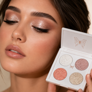 Model wearing a luminous Crystal Nude glitter eyeshadow makeup look