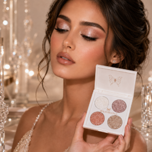 Model holding Milanaleesa Crystal Nude diamond glitter eyeshadow palette