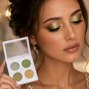 Model wearing Milanaleesa Olive Gold green and gold glitter eyeshadow