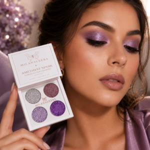 Model wearing purple glitter eye makeup with Milanaleesa Amethyst Spark eyeshadow palette