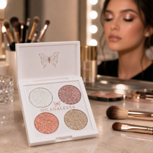 Milanaleesa Crystal Nude eyeshadow palette displayed with makeup brushes