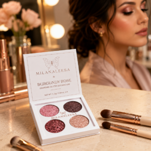 Model holding Burgundy Rose diamond glitter eyeshadow palette