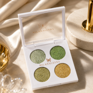 Milanaleesa Olive Gold diamond glitter eyeshadow palette in a luxury makeup setting