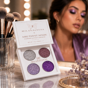 Milanaleesa Amethyst Spark purple diamond glitter eyeshadow palette with makeup brush