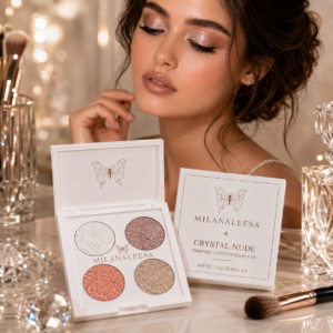 Model wearing Crystal Nude sparkling eyeshadow with Milanaleesa palette