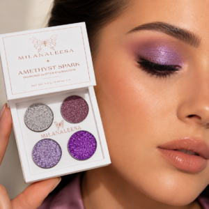 Milanaleesa Amethyst Spark purple glitter eyeshadow palette with finished eye makeup look