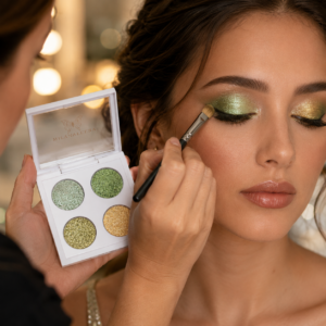 Makeup artist applying Olive Gold glitter eyeshadow to model