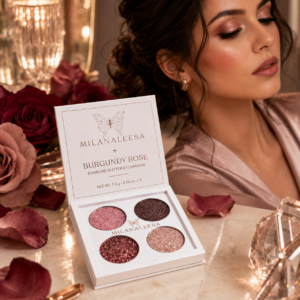 Milanaleesa Burgundy Rose eyeshadow palette with rose-toned makeup look