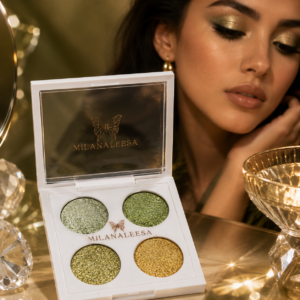 Model wearing Olive Gold glitter eyeshadow with Milanaleesa palette