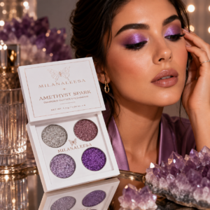 Milanaleesa Amethyst Spark purple glitter makeup look with eyeshadow palett