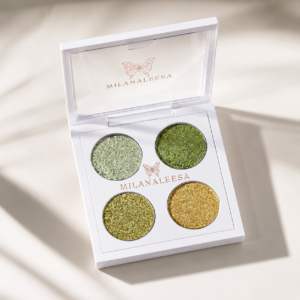 Milanaleesa Olive Gold glitter eyeshadow palette with four green and gold shades