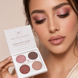 Model wearing Milanaleesa Burgundy Rose glitter eyeshadow makeup look