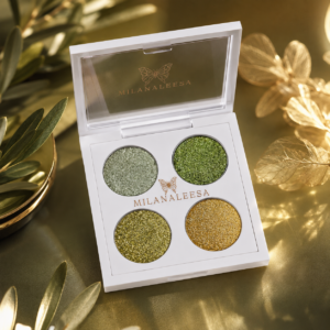 Milanaleesa Olive Gold eyeshadow palette displayed with green and gold glitter shades