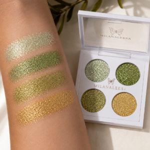 Olive Gold four-shade glitter eyeshadow swatches on skin